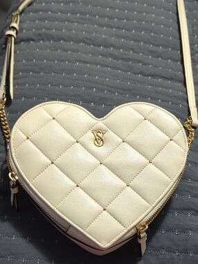Victoria's Secret Cream Quilted Heart Crossbody with Gold Hardware
